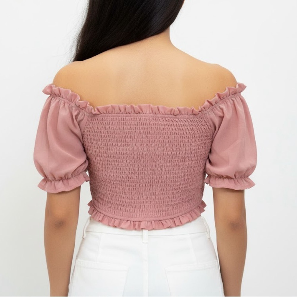 Papermoon Ruched Off-Shoulder Pink Crop Top - Picture 2 of 9